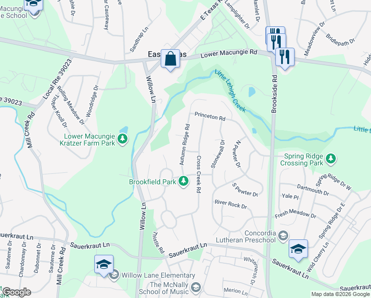 map of restaurants, bars, coffee shops, grocery stores, and more near 2119 Autumn Ridge Road in Macungie