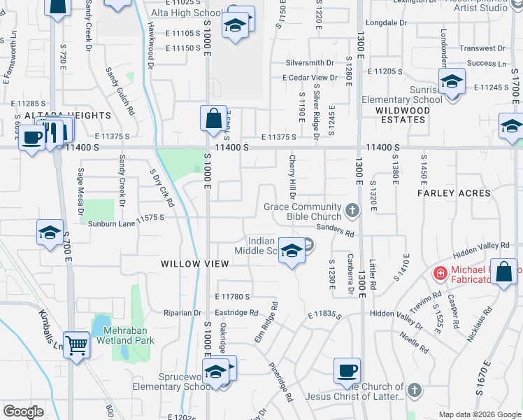 map of restaurants, bars, coffee shops, grocery stores, and more near 11557 South Sunburn Lane in Sandy