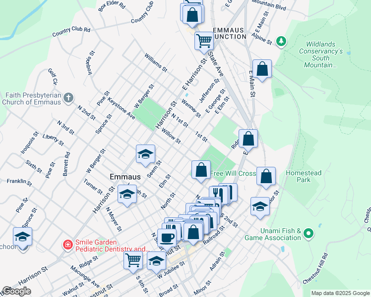 map of restaurants, bars, coffee shops, grocery stores, and more near 141 Elm Street in Emmaus