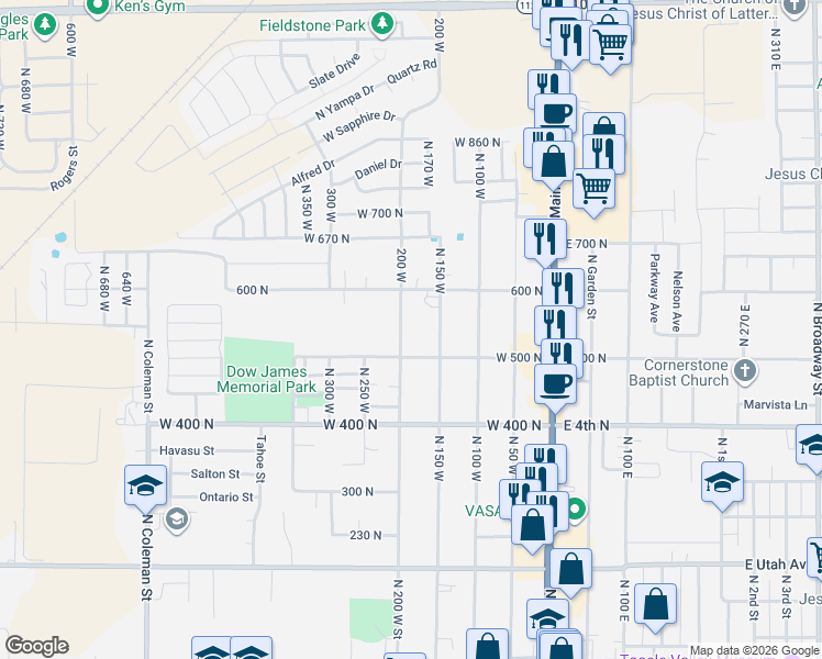 map of restaurants, bars, coffee shops, grocery stores, and more near 570 North 200 West in Tooele