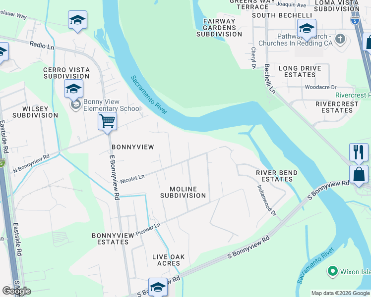map of restaurants, bars, coffee shops, grocery stores, and more near 5256 Elm Lane in Redding