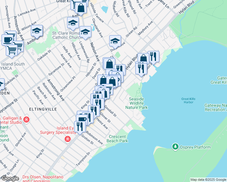 map of restaurants, bars, coffee shops, grocery stores, and more near 4015 Hylan Boulevard in Staten Island