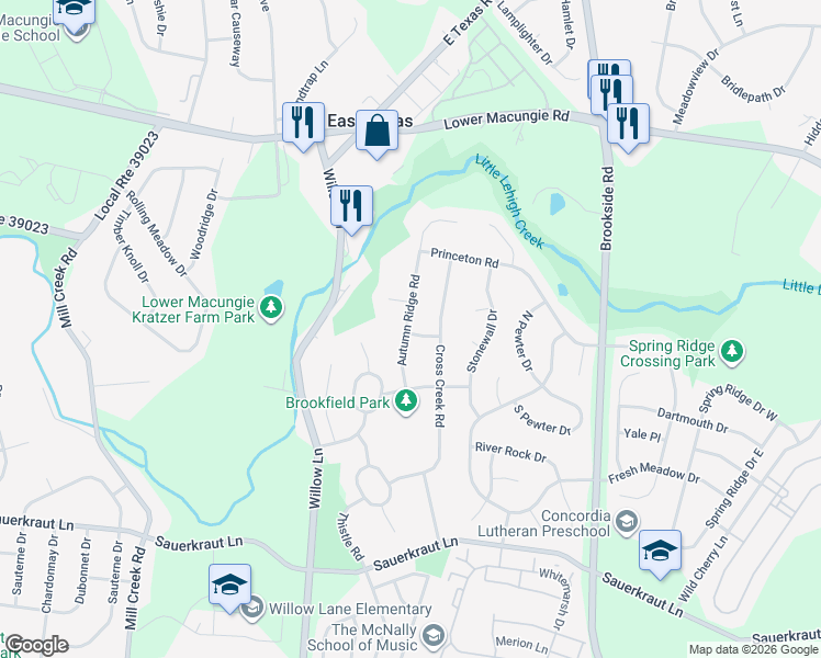map of restaurants, bars, coffee shops, grocery stores, and more near 2119 Autumn Ridge Road in Macungie