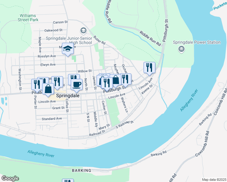 map of restaurants, bars, coffee shops, grocery stores, and more near 911 Walnut Street in Springdale