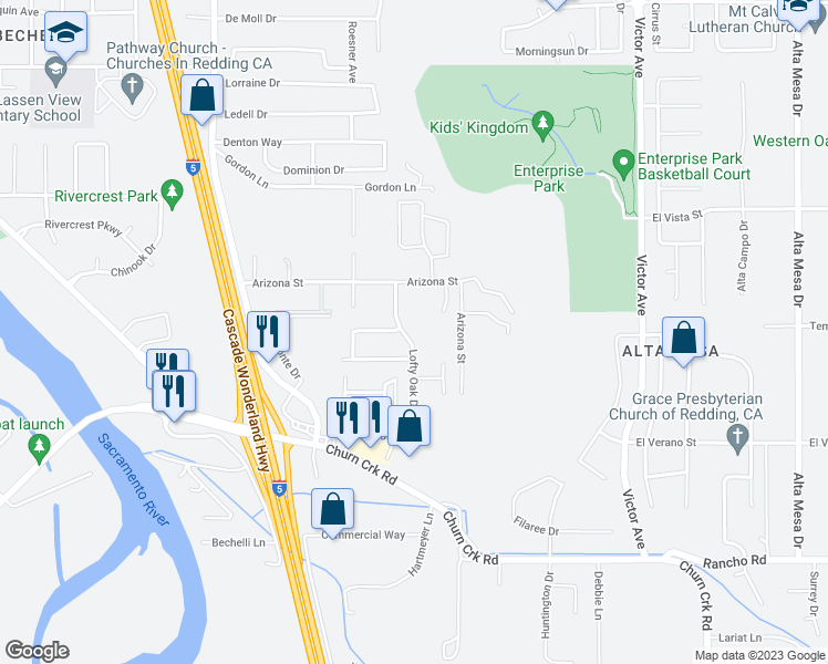 map of restaurants, bars, coffee shops, grocery stores, and more near 4633 Lofty Oak Drive in Redding