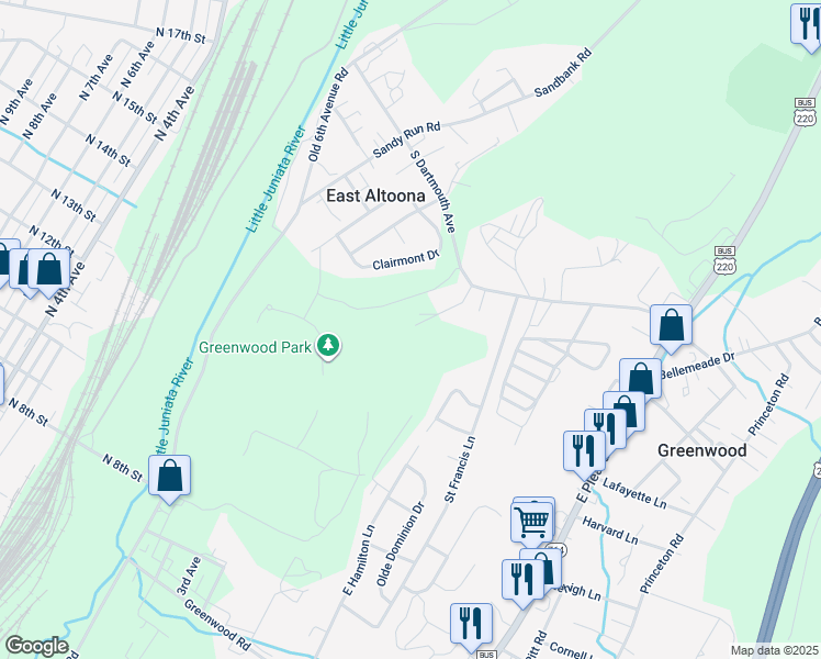 map of restaurants, bars, coffee shops, grocery stores, and more near 130 Ivan Lane in Altoona