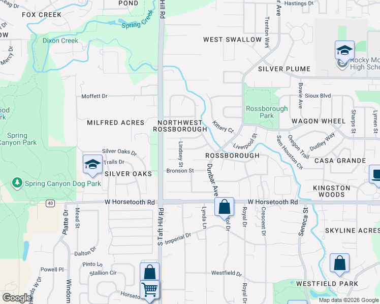 map of restaurants, bars, coffee shops, grocery stores, and more near 1919 Derby Court in Fort Collins