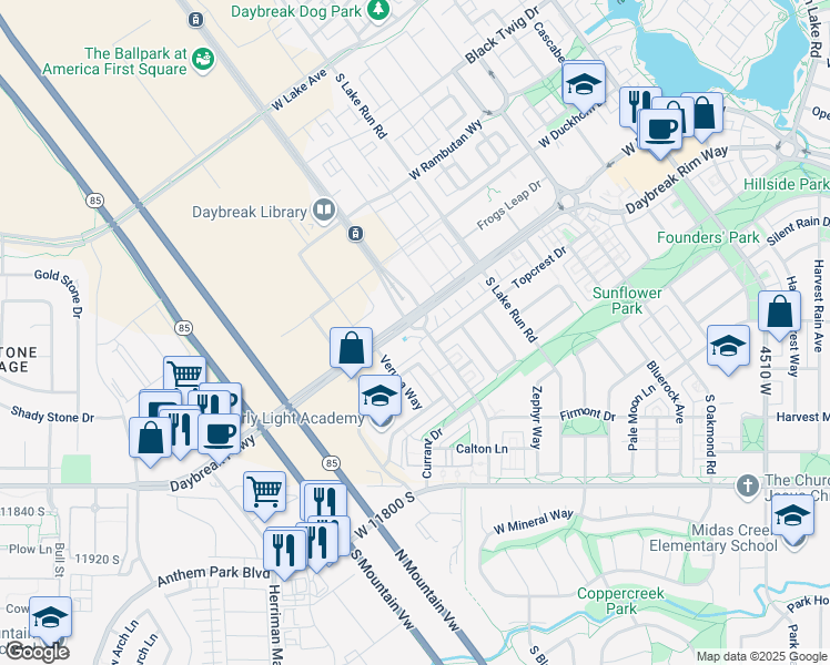 map of restaurants, bars, coffee shops, grocery stores, and more near 5126 West Daybreak Parkway in South Jordan