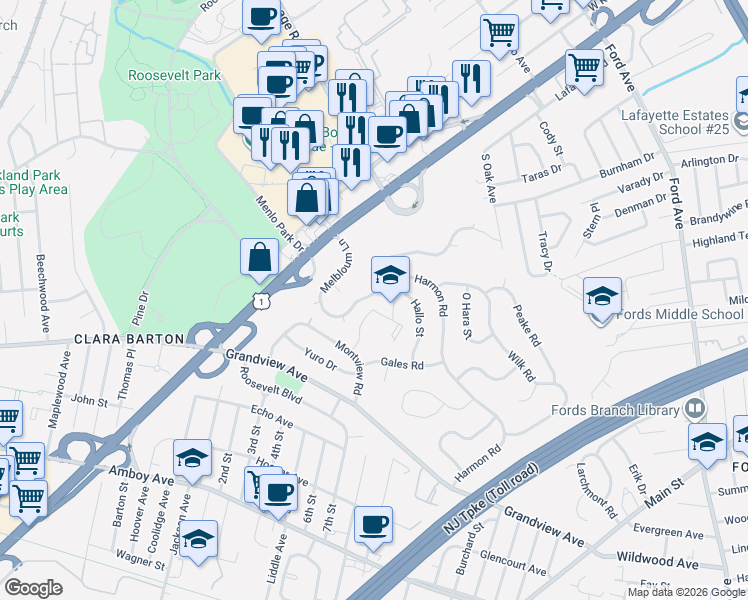 map of restaurants, bars, coffee shops, grocery stores, and more near 43 Melbloum Lane in Edison