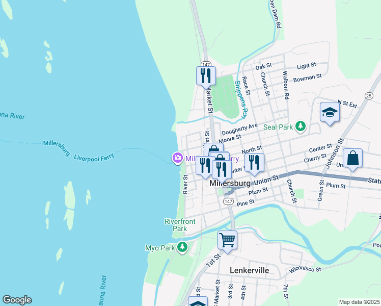 map of restaurants, bars, coffee shops, grocery stores, and more near 112 Moore Street in Millersburg