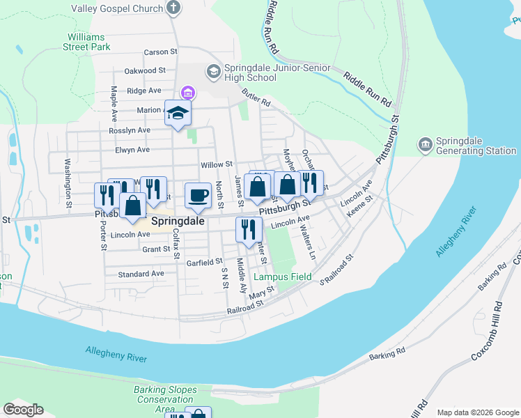 map of restaurants, bars, coffee shops, grocery stores, and more near 831 Pittsburgh Street in Springdale