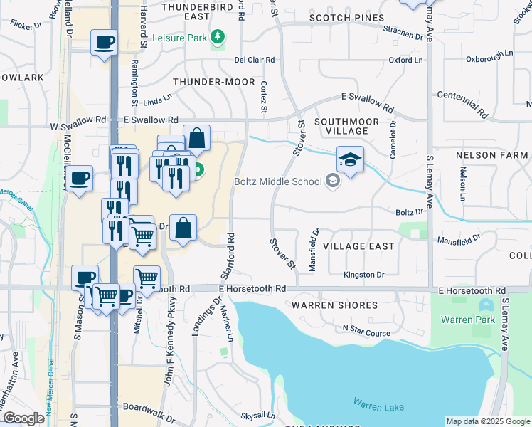 map of restaurants, bars, coffee shops, grocery stores, and more near 512 East Monroe Drive in Fort Collins
