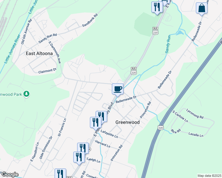 map of restaurants, bars, coffee shops, grocery stores, and more near 507-521 S Dartmouth Ave in Altoona