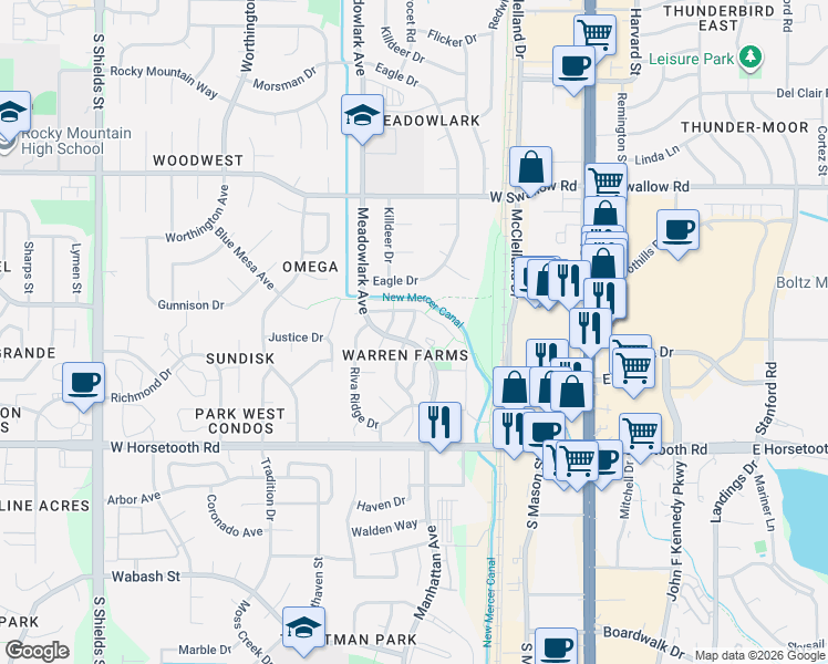 map of restaurants, bars, coffee shops, grocery stores, and more near 3303 Warren Farm Drive in Fort Collins