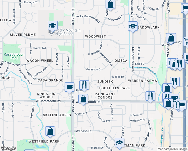 map of restaurants, bars, coffee shops, grocery stores, and more near 3306 Gunnison Drive in Fort Collins