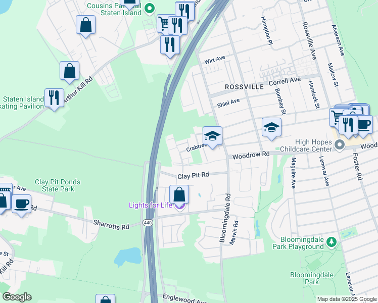 map of restaurants, bars, coffee shops, grocery stores, and more near 55 Plumtree Lane in Staten Island