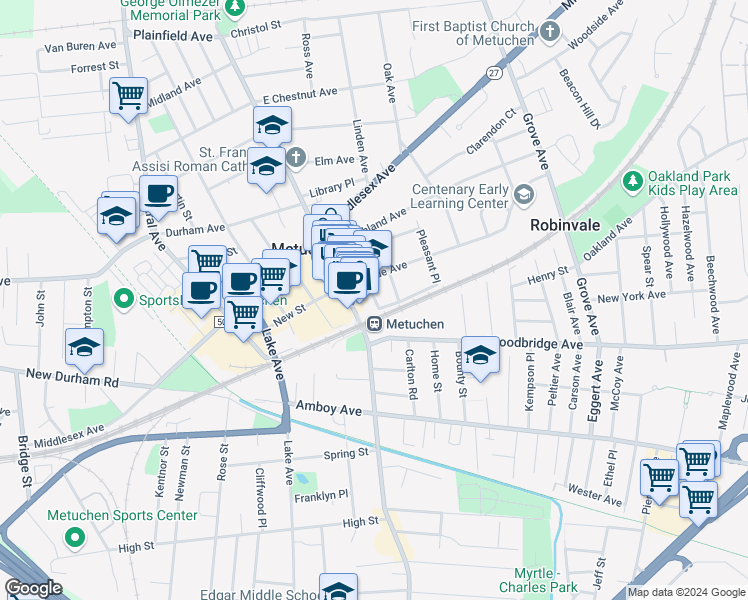 map of restaurants, bars, coffee shops, grocery stores, and more near 10 Hillside Avenue in Metuchen