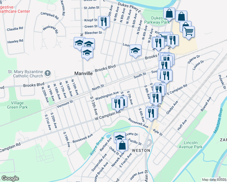 map of restaurants, bars, coffee shops, grocery stores, and more near 4 South 9th Avenue in Manville