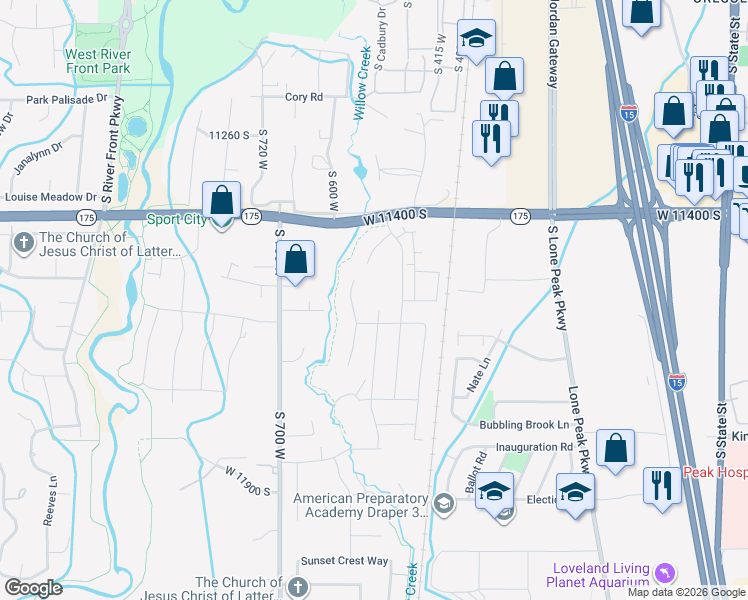 map of restaurants, bars, coffee shops, grocery stores, and more near 11566 South Junegrass Drive in Draper