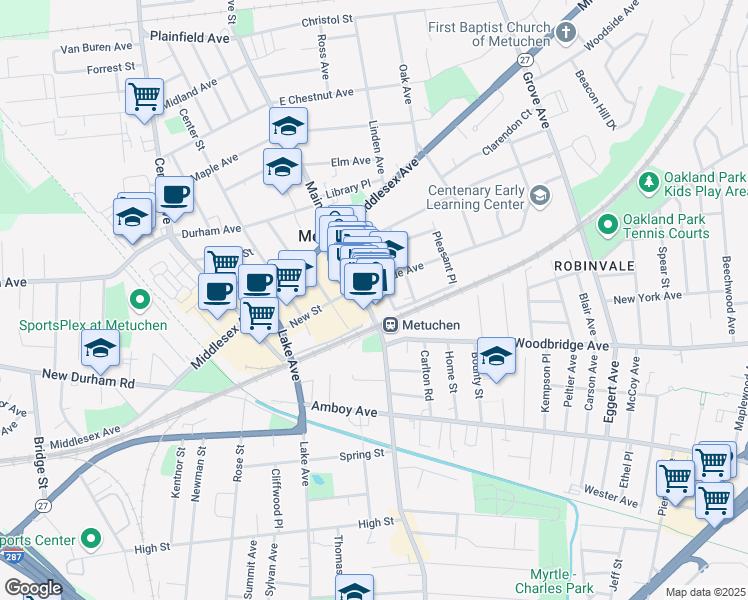 map of restaurants, bars, coffee shops, grocery stores, and more near 10 Hillside Avenue in Metuchen
