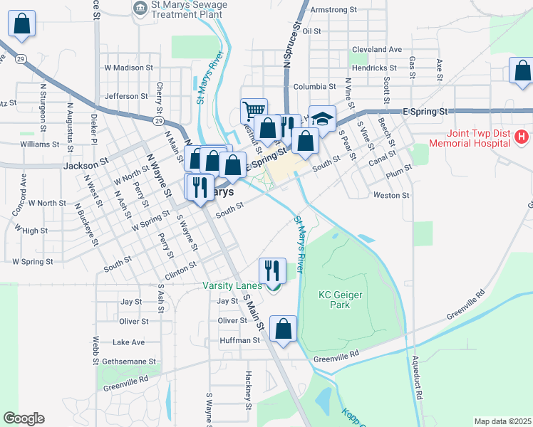 map of restaurants, bars, coffee shops, grocery stores, and more near 101 West South Street in Saint Marys