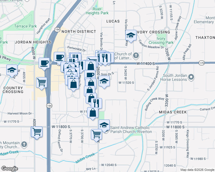 map of restaurants, bars, coffee shops, grocery stores, and more near 11534 South Rk Cove in South Jordan