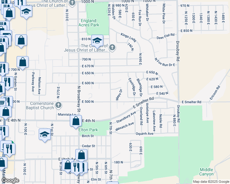 map of restaurants, bars, coffee shops, grocery stores, and more near 546 East 560 North in Tooele