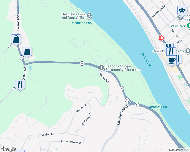 map of restaurants, bars, coffee shops, grocery stores, and more near 515 Newton Square Drive in Coraopolis