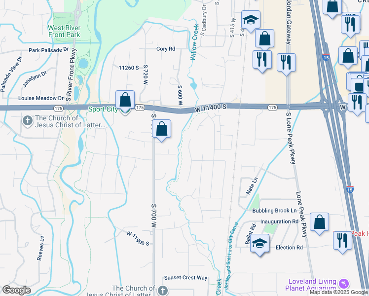 map of restaurants, bars, coffee shops, grocery stores, and more near 11552 South Sweet Grass Court in Draper