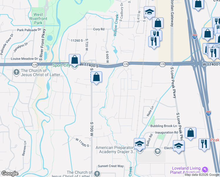 map of restaurants, bars, coffee shops, grocery stores, and more near 11552 South Sweet Grass Court in Draper