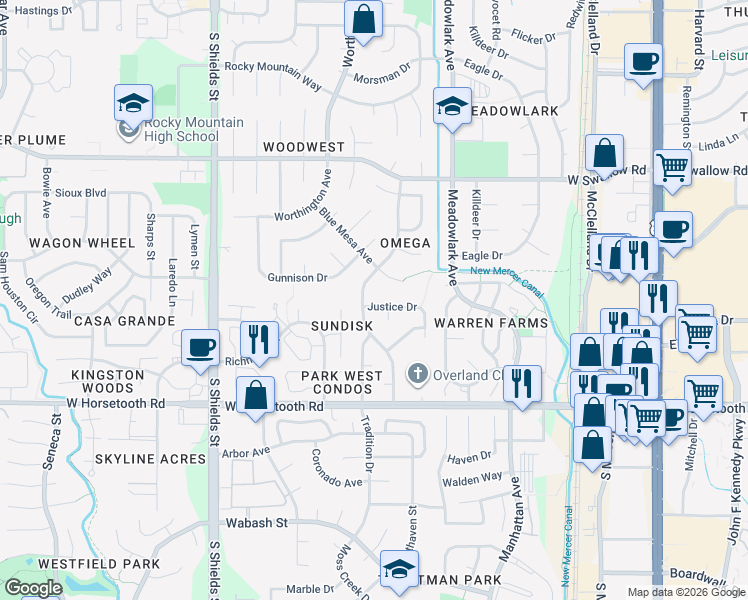 map of restaurants, bars, coffee shops, grocery stores, and more near 3319 Colony Drive in Fort Collins