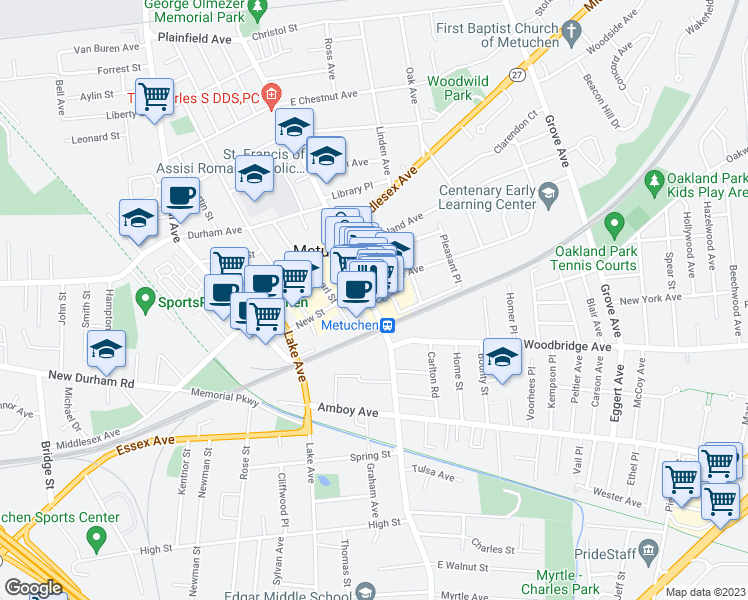 map of restaurants, bars, coffee shops, grocery stores, and more near 10 Hillside Avenue in Metuchen
