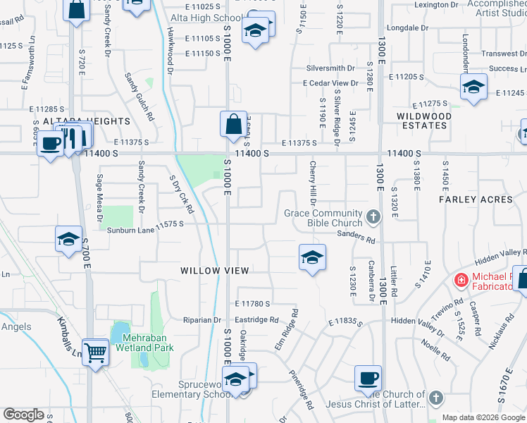 map of restaurants, bars, coffee shops, grocery stores, and more near 1074 East Black Forest Drive in Sandy