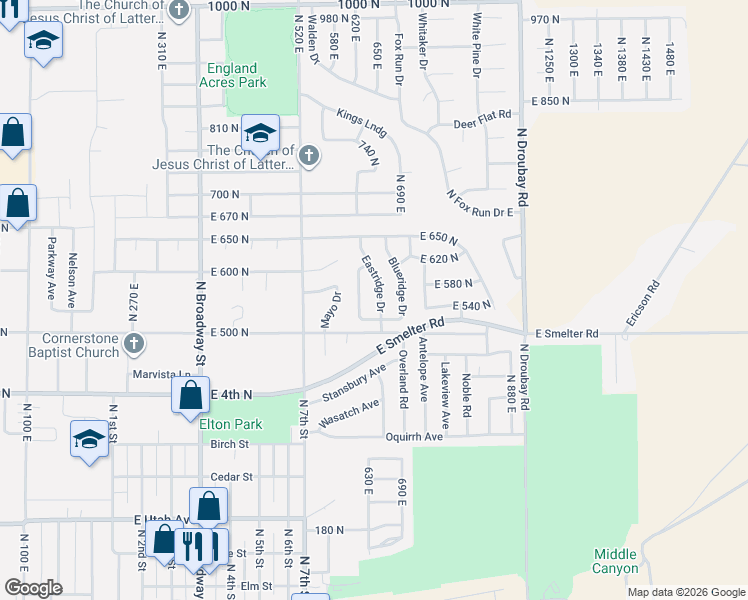 map of restaurants, bars, coffee shops, grocery stores, and more near 551 Eastridge Drive in Tooele