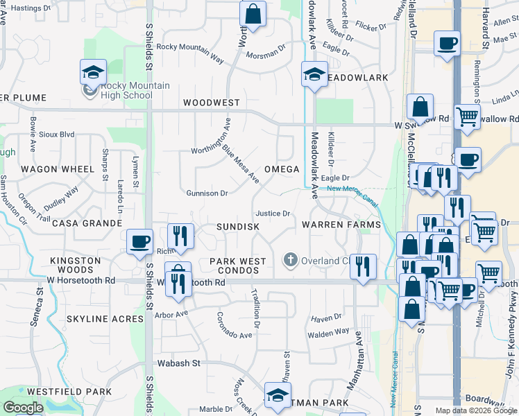 map of restaurants, bars, coffee shops, grocery stores, and more near 3319 Colony Drive in Fort Collins