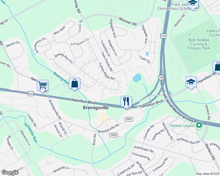 map of restaurants, bars, coffee shops, grocery stores, and more near 8703 Breinig Run Circle in Breinigsville