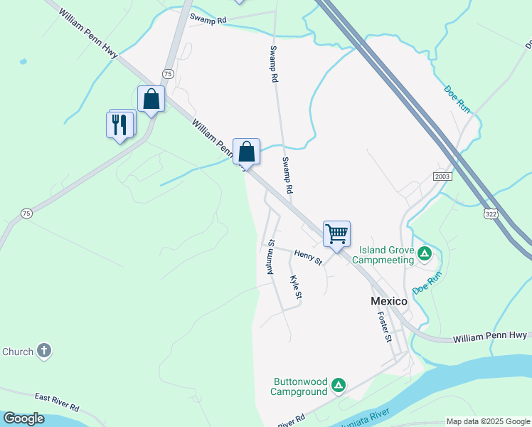 map of restaurants, bars, coffee shops, grocery stores, and more near 162 Mexico Heights Road in Mifflintown