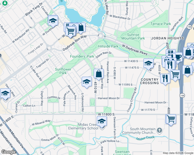 map of restaurants, bars, coffee shops, grocery stores, and more near 4497 Pale Moon Lane in South Jordan