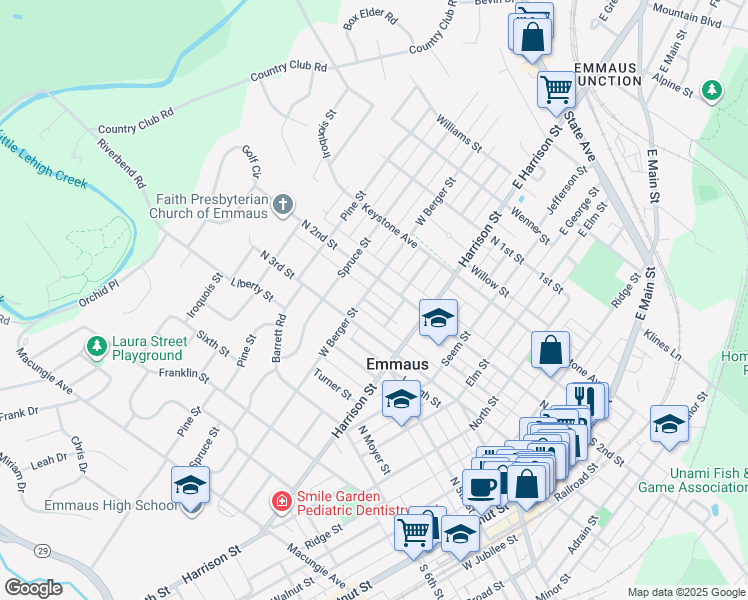 map of restaurants, bars, coffee shops, grocery stores, and more near 560 North 2nd Street in Emmaus