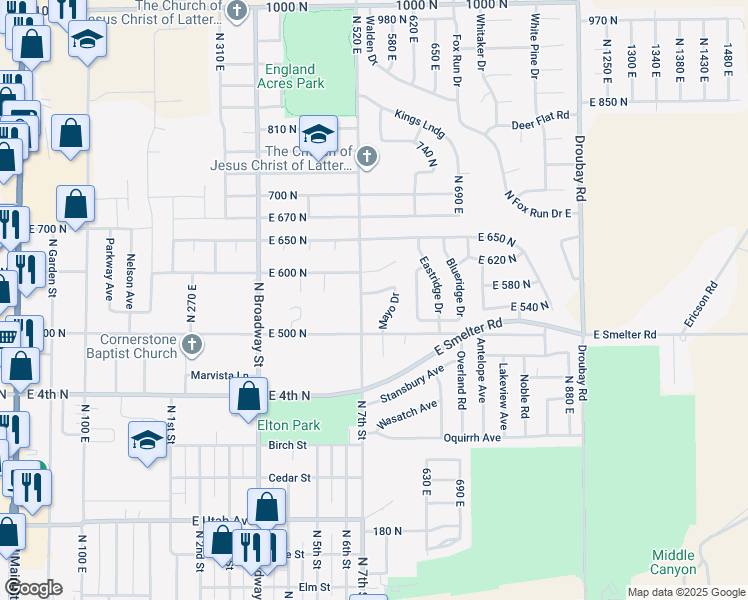 map of restaurants, bars, coffee shops, grocery stores, and more near 546 East 560 North in Tooele