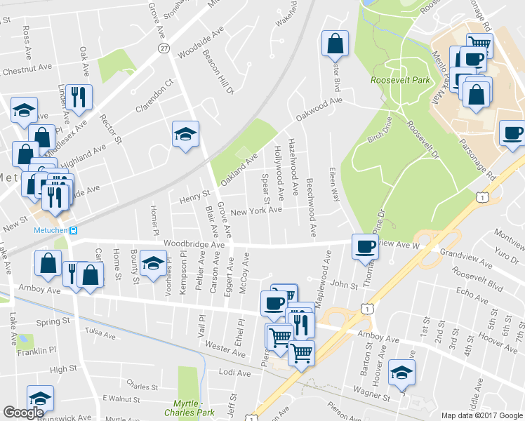 map of restaurants, bars, coffee shops, grocery stores, and more near 52 New York Avenue in Metuchen