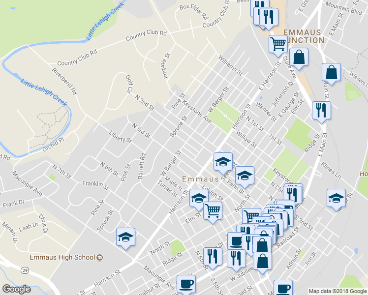map of restaurants, bars, coffee shops, grocery stores, and more near 580 Penn Court in Emmaus