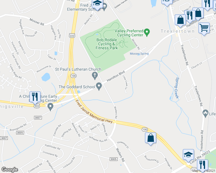 map of restaurants, bars, coffee shops, grocery stores, and more near 8224 Hamilton Blvd in Breinigsville