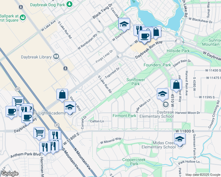 map of restaurants, bars, coffee shops, grocery stores, and more near 11543 Lake Run Road in South Jordan