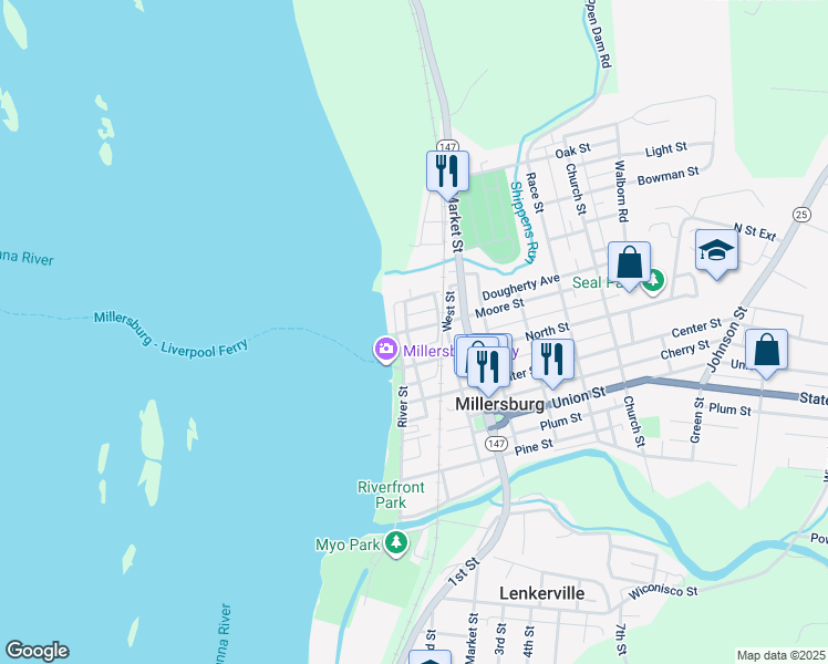 map of restaurants, bars, coffee shops, grocery stores, and more near 112 Moore Street in Millersburg