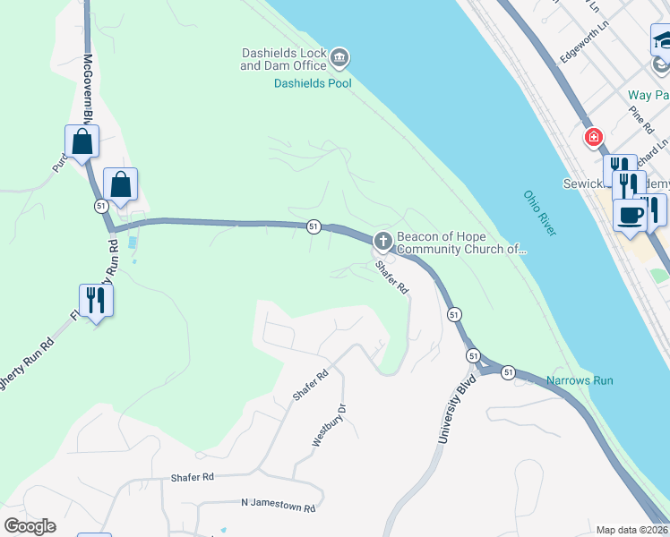map of restaurants, bars, coffee shops, grocery stores, and more near 515 Newton Square Drive in Coraopolis