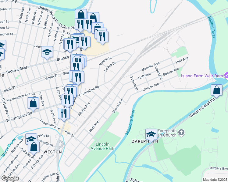 map of restaurants, bars, coffee shops, grocery stores, and more near 62 South Park Street in Manville