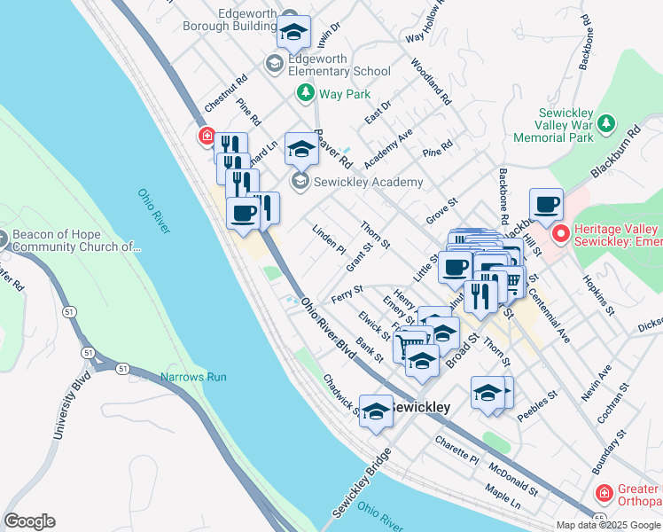 map of restaurants, bars, coffee shops, grocery stores, and more near 248 Linden Court in Sewickley