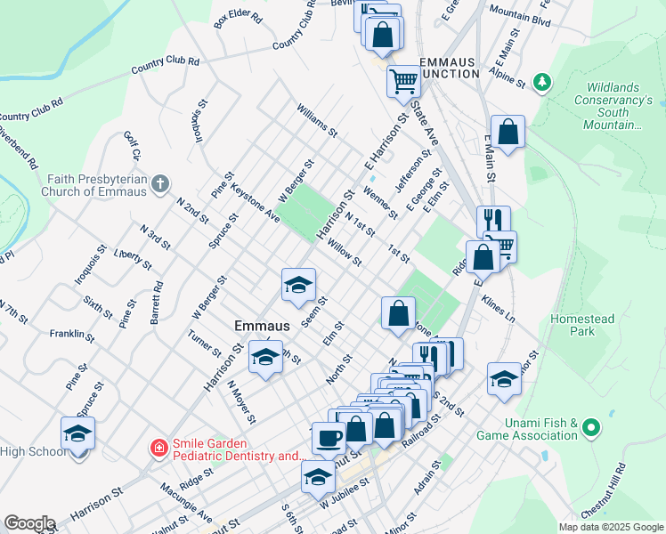 map of restaurants, bars, coffee shops, grocery stores, and more near 414 Keystone Avenue in Emmaus