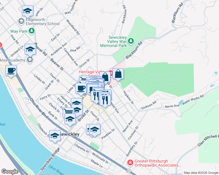 map of restaurants, bars, coffee shops, grocery stores, and more near 701 Broad Street in Sewickley